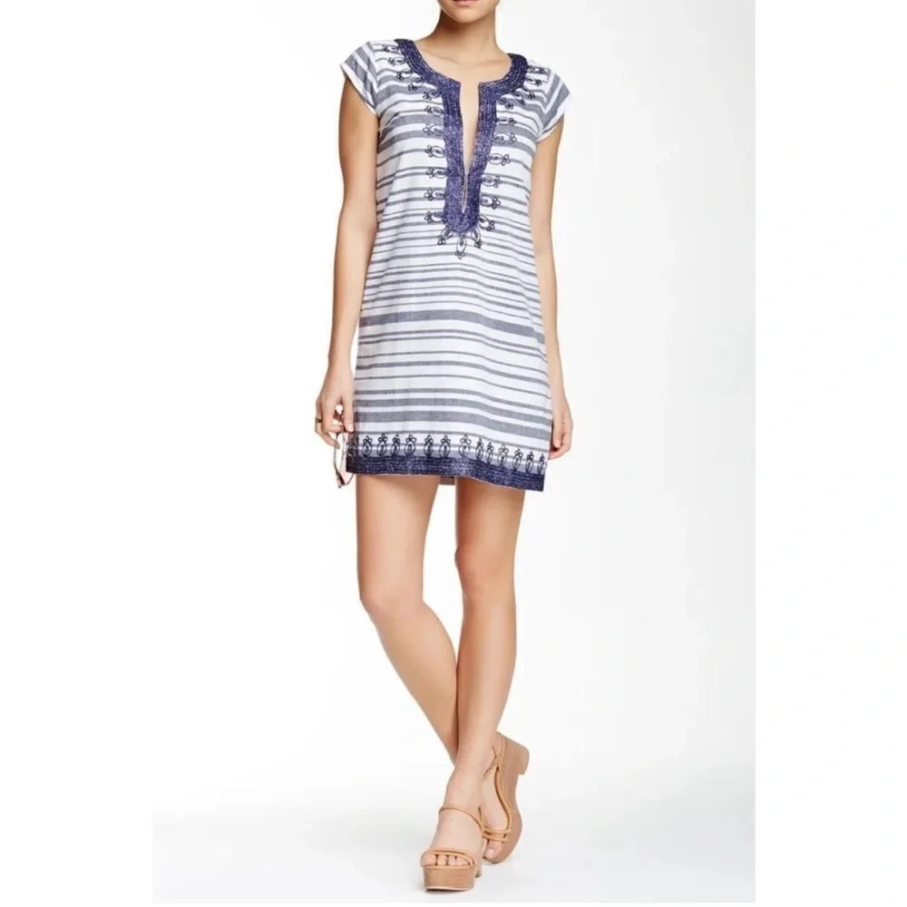 Calypso St. Barth Ro Striped Navy and White Embroidered Tunic Dress XS - Picture 2 of 8